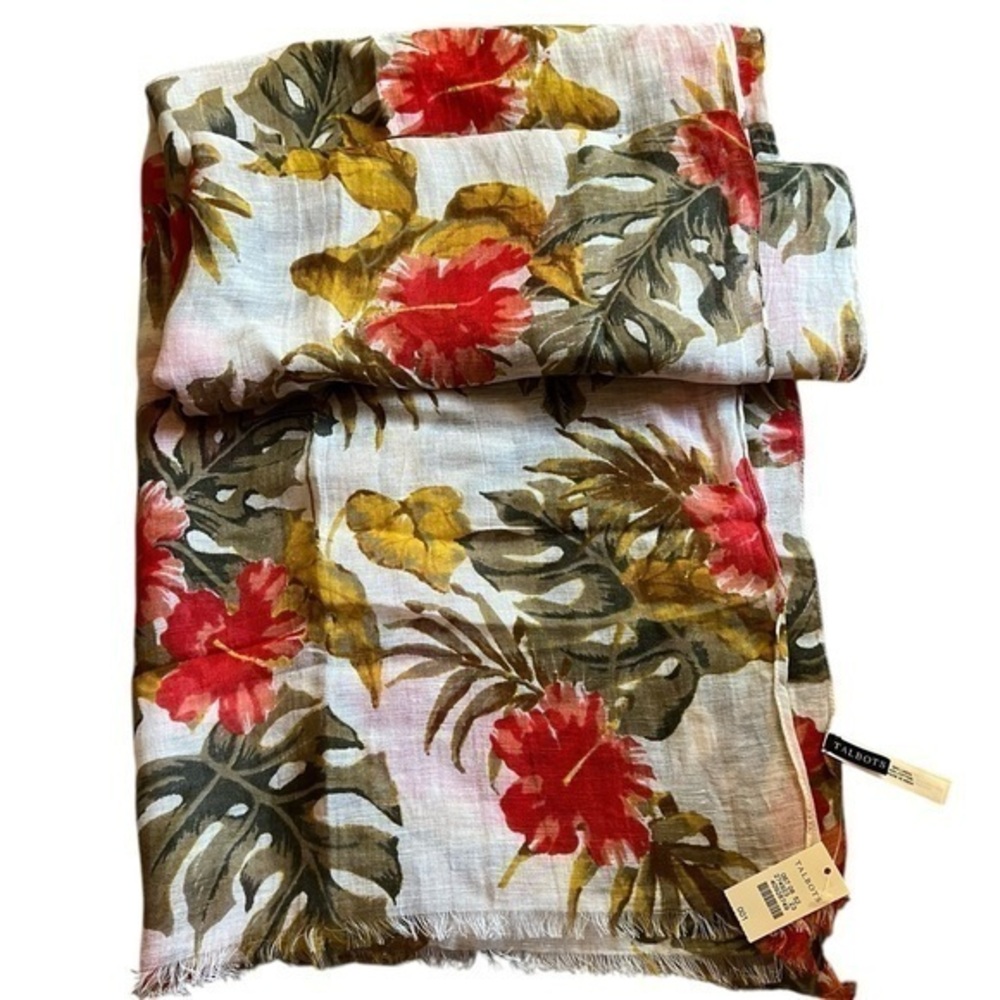 NWT TALBOTS Light Linen / Cotton Scarf, Green Cream Orange Monstera Floral